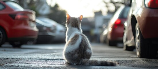 Rear view of a white and grey furry street cat sitting and resting on the concrete pavement Observing parked electric cars charging their batteries on the street Bokeh effect Daytime Low angle Red