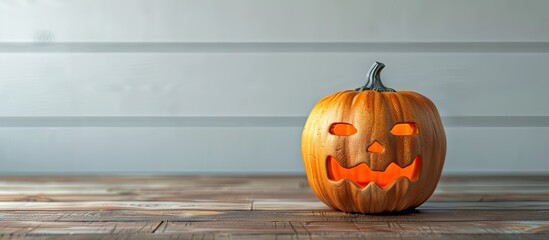 Poster - Halloween pumpkin on a wooden table against a backdrop of white boards Halloween setting Room for text. with copy space image. Place for adding text or design