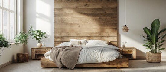 Aufkleber - Current simple bedroom in a natural style featuring wooden decor. with copy space image. Place for adding text or design