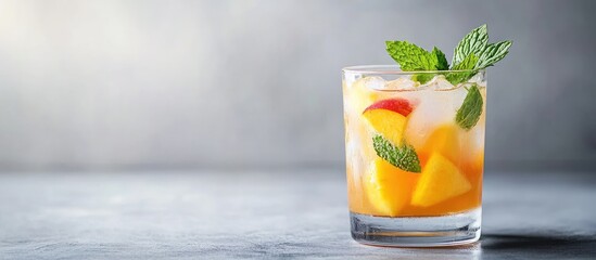 Fototapete - Glass of peach mojito with mint against a grey background. with copy space image. Place for adding text or design
