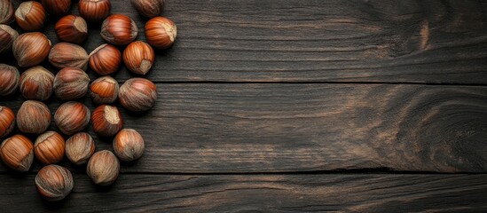 Aufkleber - Hazelnuts on a dark wooden surface Background and textures. with copy space image. Place for adding text or design