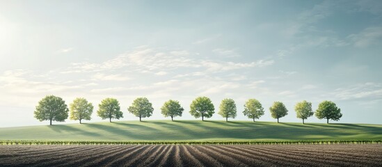 Poster - Agricultural landscape featuring a row of trees on the horizon Scene of farmland during springtime. with copy space image. Place for adding text or design