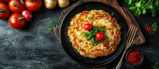 Fototapete - Hash brown draniki potato pancakes vegetable fritters second course healthy fresh vegetarian food meal diet snack on the table copyspace food background rustic top view