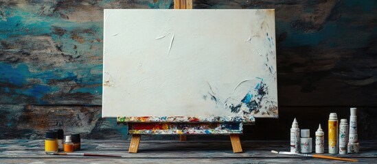 Aufkleber - Artistic paintbrushes canvas on an easel tubes of oil paint and a palette knife on a wooden board. with copy space image. Place for adding text or design
