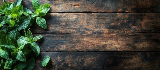 Fototapete - Fresh mint leaves on a rustic wooden table. with copy space image. Place for adding text or design