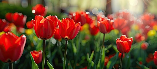 Leinwandbilder - Close up of red tulips blossoming in a flowerbed. with copy space image. Place for adding text or design