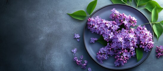 Aufkleber - Plate featuring lovely blooming lilac on a grey background. with copy space image. Place for adding text or design