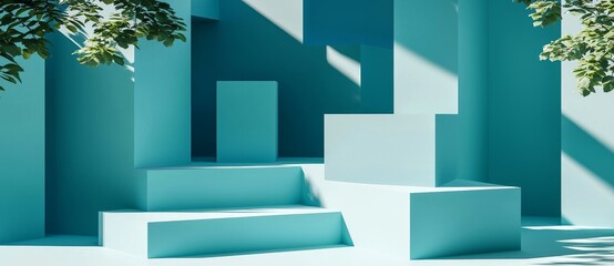 Poster - A minimalist blue setting with cubes arranged in a path that converges on a light source