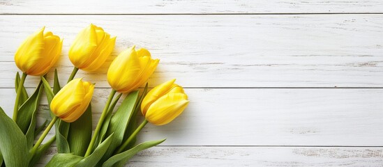 Aufkleber - Spring holiday background Yellow tulip flowers on a white wooden surface Greeting card with copyspace for Valentine s Day Woman s Day and Mother s Day Top view