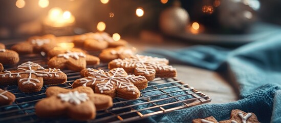Poster - Composition featuring delicious homemade Christmas Gingerbread cookies on a baking rack and a textile napkin Greeting card Christmas baking theme Anticipation for the Christmas holiday