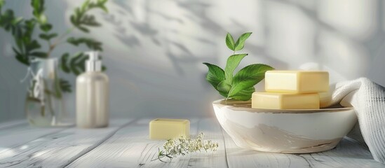 Poster - soaps and cosmetic cream in a glass bowl on a white wooden table. with copy space image. Place for adding text or design
