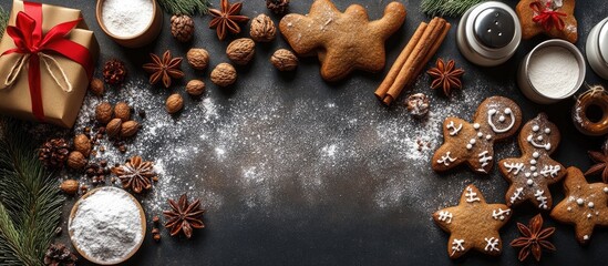 Fototapete - Christmas gingerbread cookies and baking ingredients Culinary backdrop. with copy space image. Place for adding text or design