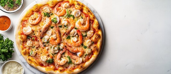 Fototapete - Delicious pizza topped with seafood and ingredients on a light grey marble table seen from above Room for text. with copy space image. Place for adding text or design