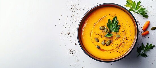 Fototapete - Pumpkin and carrot soup garnished with seeds top view. with copy space image. Place for adding text or design