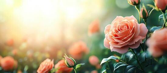 Aufkleber - orange pink coral roses in the garden. with copy space image. Place for adding text or design