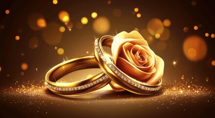 Aufkleber - Wedding rings with a golden rose on a brown background. The background is suitable for design, posting links, and printing invitations. A wedding day illustration.