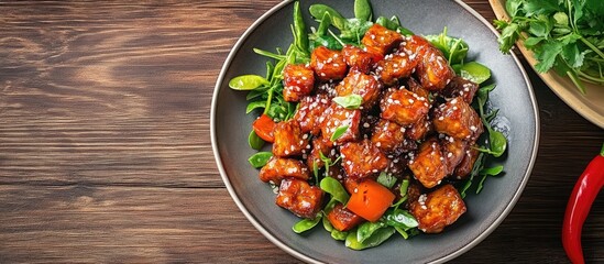 Poster - View of tempeh mendoan a tasty Indonesian dish on a plate ready for consumption. with copy space image. Place for adding text or design