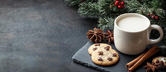 Aufkleber - A cup of milk cinnamon sticks homemade cookies and a slate with Christmas decorations. with copy space image. Place for adding text or design