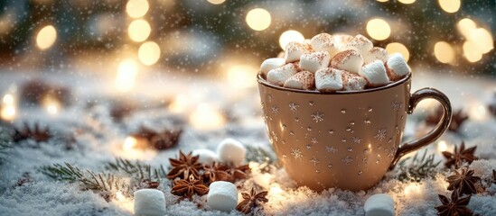 Fototapete - Hot chocolate in a vintage cup topped with marshmallows and spices set against a snowy backdrop with Christmas lights Copy space