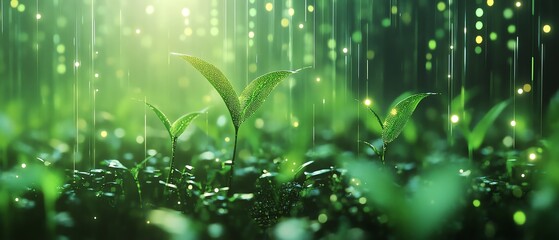 Poster - Futuristic depiction of healthy green plants enhanced with technology for sustainable growth and efficient farming
