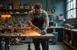 © miss irine - Craftsman in work clothes wields grinder on wooden table in workshop. Sparks fly. Industrial work environment. Skilled worker focuses on metal task. Manufacturing process. Hard work visible. Tech,