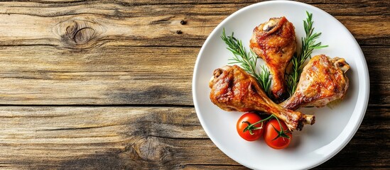 Fototapete - Baked hare legs arranged on a plate with a tomato Wooden surface Top view Copy space
