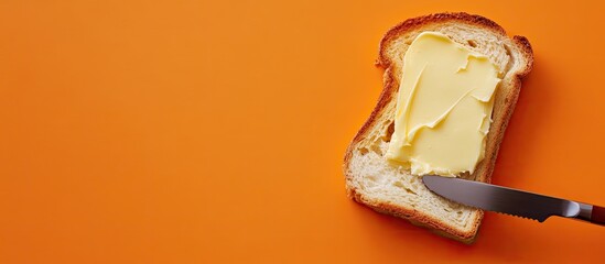 Fototapete - Spreading butter on toast using a knife Orange background Top view. with copy space image. Place for adding text or design