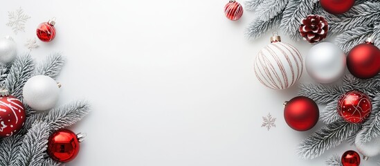 Christmas backdrop featuring ornaments and decorations on a white background. with copy space image. Place for adding text or design