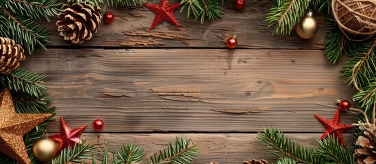 Leinwandbilder - A wooden frame and fir branches rest on a wooden backdrop made of weathered boards Christmas tree decorations are placed on the fir branches including red shiny stars woven Christmas ornaments and 