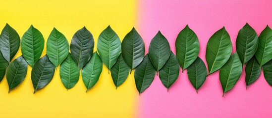 Poster - Flat lay of jackfruit leaves on a pink and yellow backdrop Minimalist concept Copyspace
