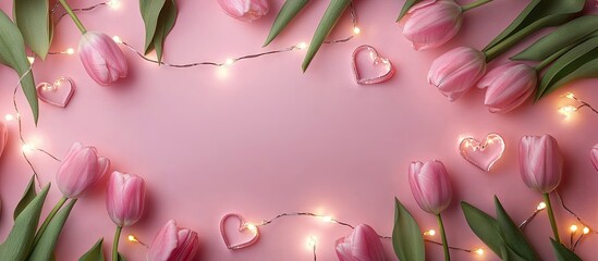 Poster - top view flat lay of pink tulips and heart shaped glowing garland lights on a soft pink background with copyspace