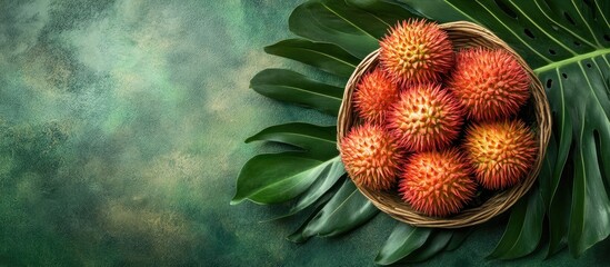 Aufkleber - Fresh rambutans in a basket set on a green leaf concept. with copy space image. Place for adding text or design