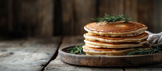 Poster - Pancakes with rosemary on a plate set against a wooden backdrop. with copy space image. Place for adding text or design