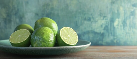 Fototapete - Fresh limes on a dish. with copy space image. Place for adding text or design