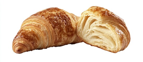 Poster - A plain croissant halved to show its cross section is a classic French croissant It is isolated against a white background. with copy space image. Place for adding text or design