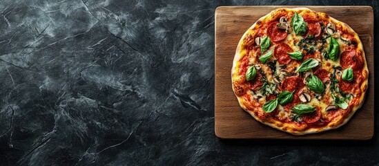 Fototapete - Flatbread pizza topped with fresh ingredients on a wooden pizza board viewed from above against a dark stone backdrop. with copy space image. Place for adding text or design
