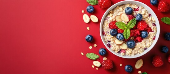 Delicious oatmeal featuring blueberries mint and almond slices in a bowl surrounded by fresh berries on a red background closeup Copyspace available