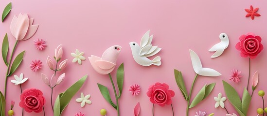 Leinwandbilder - Delicate Easter arrangement featuring tulip flowers and handcrafted felt birds Classic decorative components greeting card Top view pink backdrop copyspace