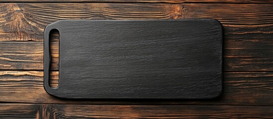 Poster - Close up of an empty black kitchen board on a wooden background. with copy space image. Place for adding text or design