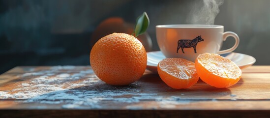 Fototapete - Close up photo of a raw tangerine with a tea cup and cattle on a wooden kitchen board. with copy space image. Place for adding text or design