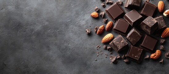 Fototapete - Chocolate cubes hazelnuts and almonds on a grey textured background seen from above with copy space