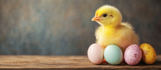 Poster - Yellow chicken and Easter eggs on a wooden table. with copy space image. Place for adding text or design