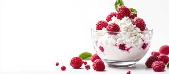 Fototapete - A light and tasty dessert featuring fresh raspberries and cottage cheese in a glass cup against a white background. with copy space image. Place for adding text or design