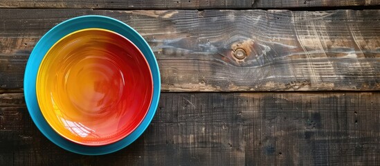Aufkleber - Top view of a vacant colorful plate on a wooden surface Blank space for your design. with copy space image. Place for adding text or design