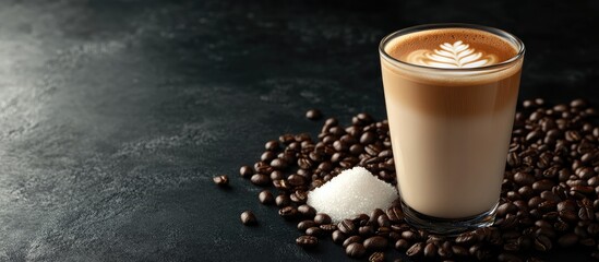 Wall Mural - A glass of freshly brewed hot latte macchiato sits atop coffee beans and sugar set against a dark backdrop with copy space available