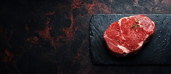 Leinwandbilder - Raw beef steak Piece of meat Copyspace Slate cutting board