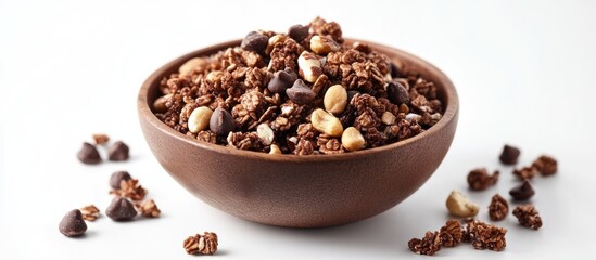 Poster - Chocolate granola cereal with nuts Isolated on a white background. with copy space image. Place for adding text or design