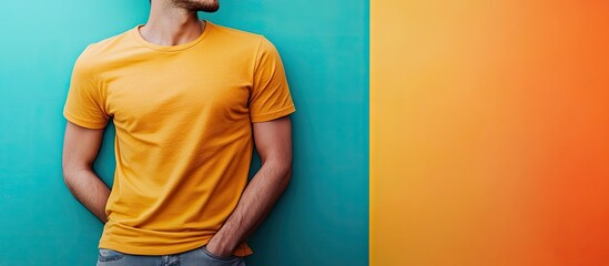 Poster - Man wearing a fashionable t shirt against a colorful background. with copy space image. Place for adding text or design