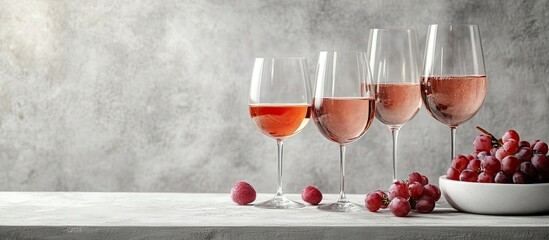 Aufkleber - Rose wine in various glasses on a light concrete background Minimal wine arrangement on a white table with copyspace