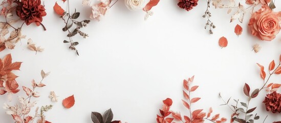 Poster - Autumn floral arrangement Dry leaves on a white backdrop Autumn fall theme Flat lay top view copyspace